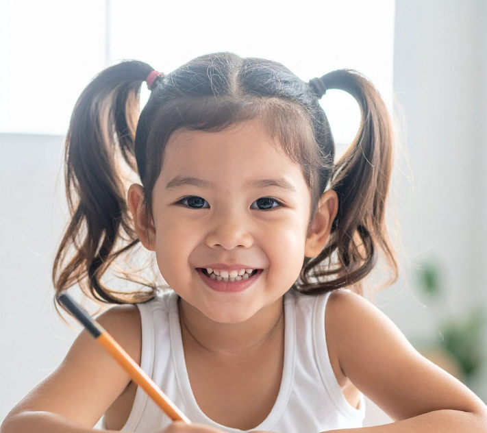 Cô bé mỉm cười khi cầm bút chì.