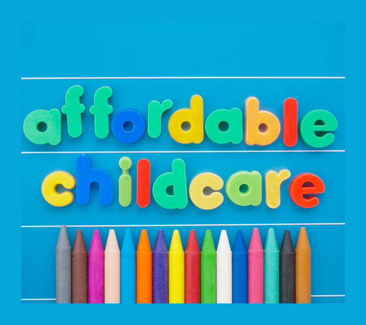 Magnets that spell "affordable childcare" in bright colors with colored crayons underneath.