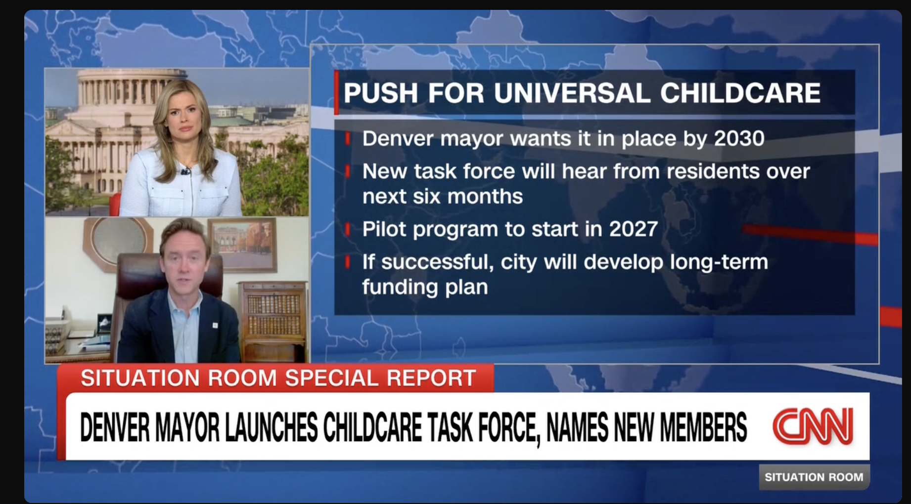 Image of CNN Host and Denver Mayor outlining the Childcare for All Initiative.