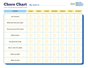 Chart with chores for preschoolers to fill in by coloring in the stars